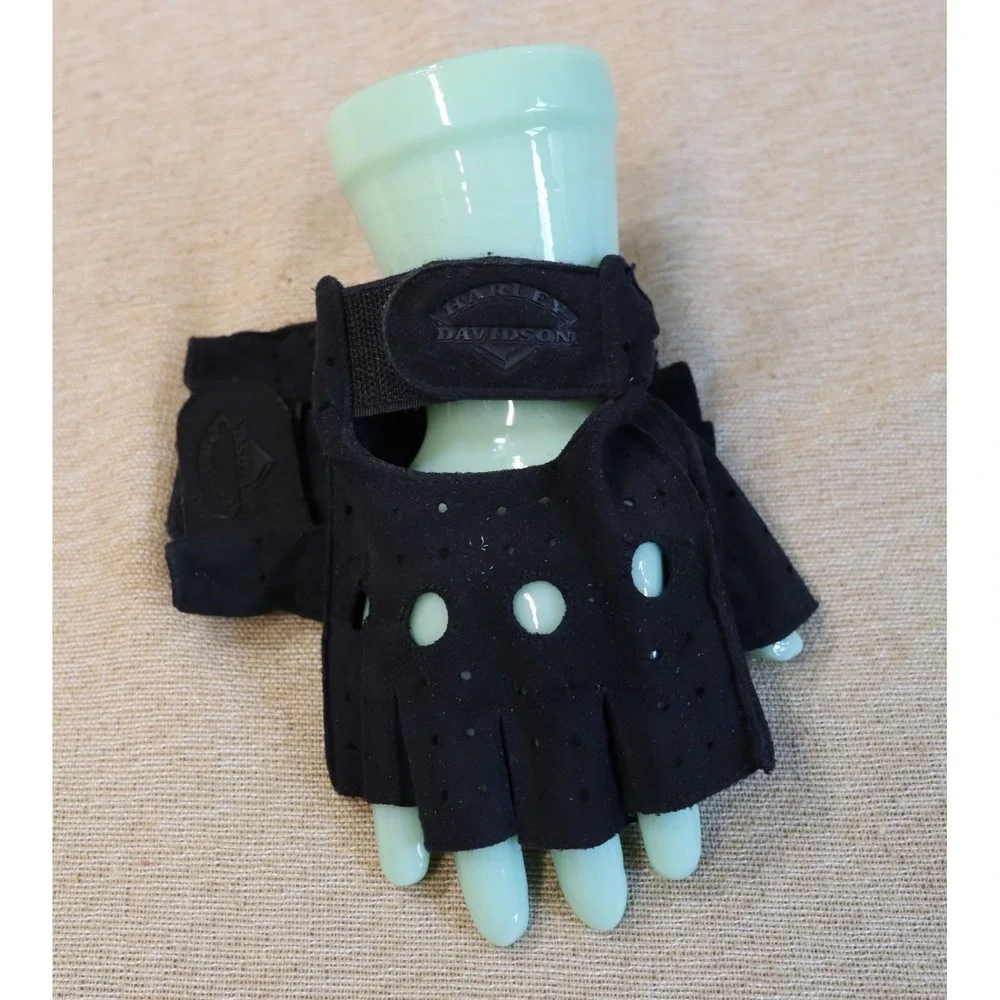 Harley Davidson Fingerless Gloves Black Faux Suede Size S Perforated Top of Hand - Picture 3 of 9